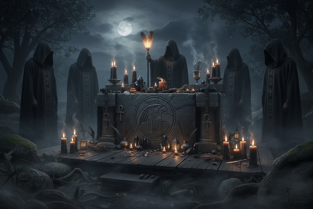 A ritual offering magick ceremony for the daemon deity horus. Dark esthetic, outdoors, rustic