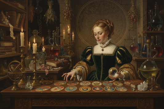 A lady performing a tarot reading. Renaissance oil on canvas style. Ancient alchemy vibe